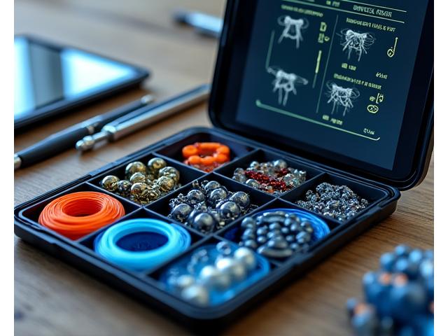 An open fishing tackle box filled with neatly organized lines, floats, and various hooks, alongside a tablet displaying a knot-tying tutorial video, symbolizing education and preparation