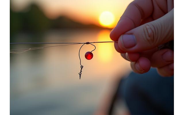 Close-up of a hand tying a fishing knot with a high-quality fishing line, a small red float, and a sharp hook, all against a blurred lake background at sunrise
