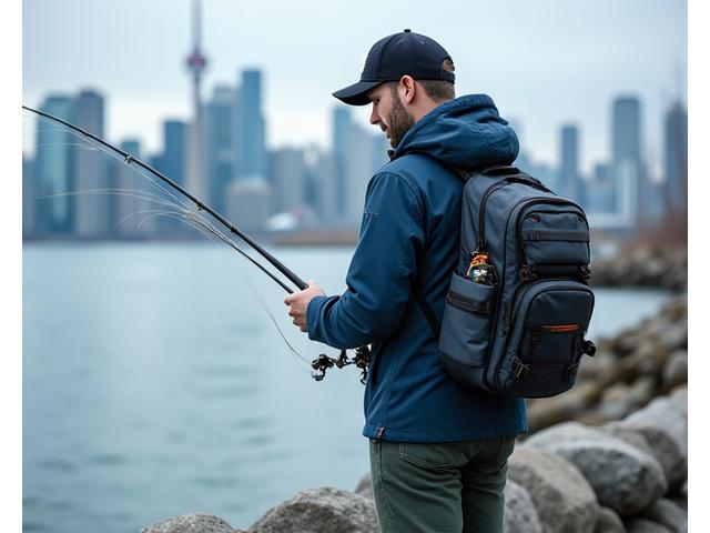An angler with a compact tackle bag fishing from a concrete pier in an urban waterfront setting, with city skyline in the background, demonstrating lightweight and specialized gear