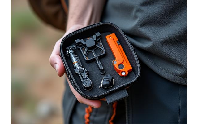A compact personal survival kit, small enough for a day pack, containing essential tools.