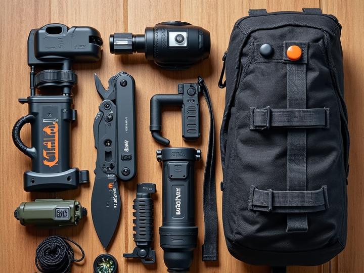 An organized display of various outdoor utility equipment including a multi-tool, compass, knife, and water filter, laid out on a rugged wooden surface.
