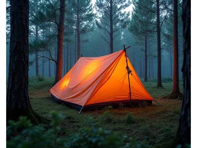 A compact, lightweight emergency bivouac set up in a forest.