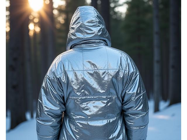 An emergency thermal blanket in use, reflecting body heat.