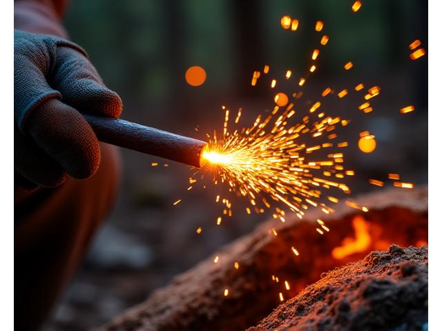 A hand holding a fire steel striking sparks, emphasizing fire starting capability.