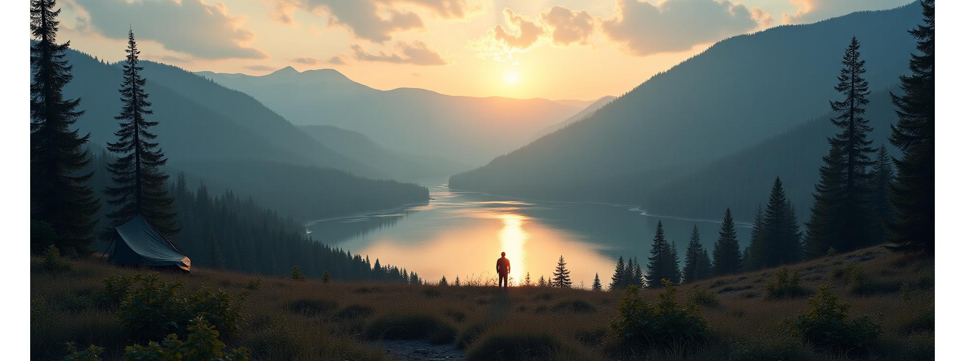 Panoramic view of a rugged Ontario landscape at dawn, showcasing a lone figure by a camp, emphasizing preparation and self-reliance in the outdoors.