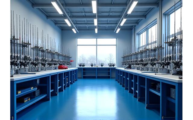 Clean, well-lit repair facility with specialized tools and various fishing rods and reels on workbenches.
