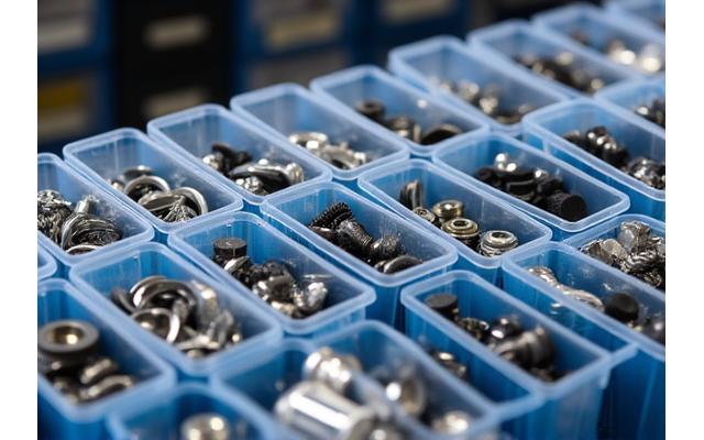 Close-up of various new, genuine OEM fishing reel parts meticulously organized in clear bins.