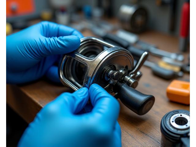 Close-up of a fishing reel being meticulously repaired by a technician's hands in a modern workshop.