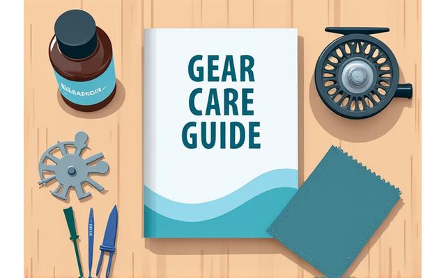Illustration of various fishing gear maintenance tools and a booklet, symbolizing care and knowledge.