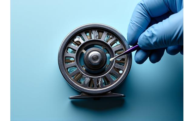An opened fishing reel with its internal gears and bearings exposed, being carefully cleaned by a technician.