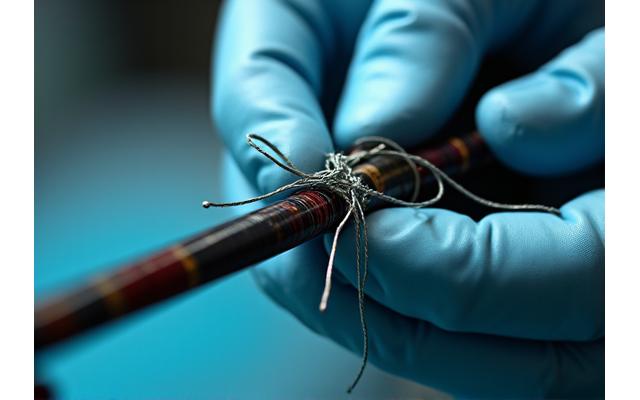Close-up view of a technician repairing a fishing rod guide, with specialized tools visible.
