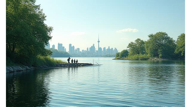 Scenic view of Toronto Central Island from the water with a person fishing calmly.