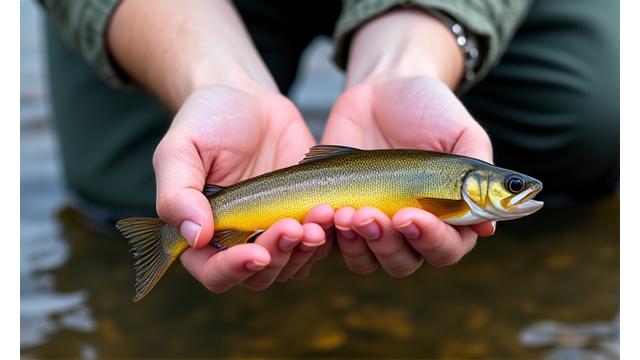 An ethical angler safely handling and releasing a fish near the water's edge