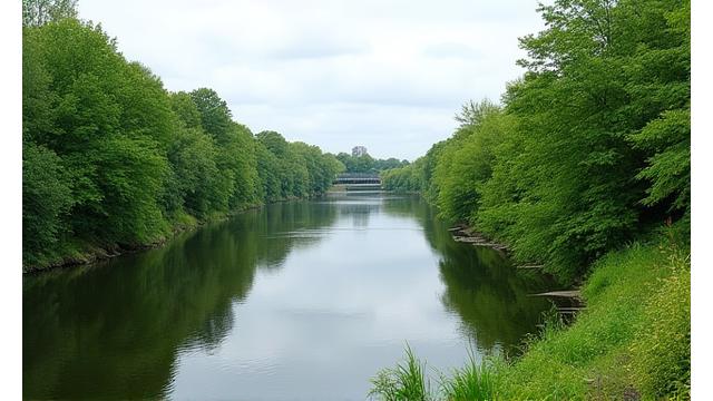 A calm section of the Humber River in Toronto with lush green banks, ideal for fishing.
