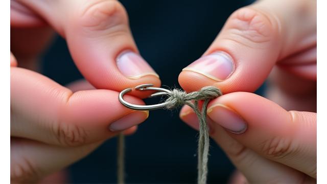 Hands demonstrating how to tie a fishing knot