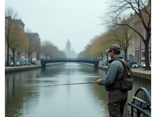 An angler casting into a quiet section of an urban river, surrounded by city architecture in the distance.