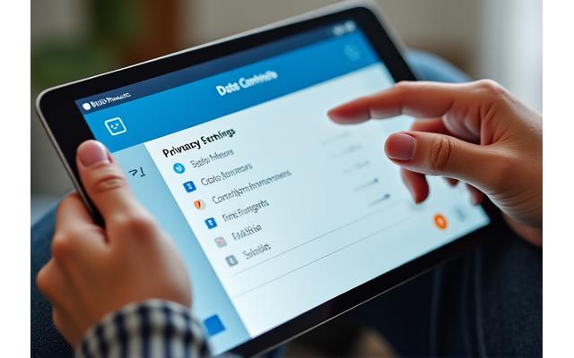 Close-up of a hand touching a tablet screen with abstract data settings interface, symbolizing user control over privacy settings.